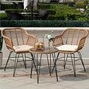 Tappio 3 Piece Outdoor Wicker Furniture Patio Bistro Set, Balcony Furniture Rattan Conversation Sets with Cushions, Wicker Patio Chairs Patio Furniture Set for Outdoor Poolside Garden, Beige