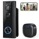 Wireless Video Doorbell Camera with Chime & Multi-Angle Bracket, 1080P, Battery-Powered, No Monthly Fees, 2.4GHz WiFi, Alexa Compatible