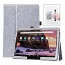 DMLuna Case for All-New Amazon Fire HD 10 & 10 Plus Tablet 11th Generation 2021 Release, Slim PU Leather Cover Folio, with Folding Stand, Auto Wake/Sleep, Hand Strap, Card Slots - Glitter Grey