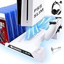 SIKEMAY PS5 Slim Stand Cooling Station for Playstation 5 Slim Console Vertical Accessories with 2H Fast Dual Controller Charging and Silent Fan, 3 USB Hub, 14 Game Slots, 2 Headset Holder, White