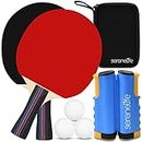 SereneLife Portable Table Tennis Set - Indoor, Outdoor and Tabletop Sports Game Accessories with Retractable Net with Adjustable Clamps, Paddles, Balls, and Carrying Bag, 2 Players