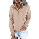 Womens Sweatshirt Fall 2023 Casual Snap Button Drawstring Hoodies Fleece Pullover Long Sleeve Tops Lightweight Pocket, A#23 Khaki, 3X-Large