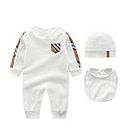 AIBABY Newborn 3PCS Baby Romper Bodysuit Jumpsuit+Hat+Bib Outfits Set Baby Boy Clothes, White Plaid, 3-6 Months