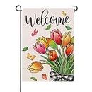 Artofy Welcome Spring Tulip Flowers Small Decorative Garden Flag, Floral Mason Jar Butterfly Yard Lawn Outside Decor, Summer Seasonal Burlap Outdoor Home Decoration Double Sided 12 x 18