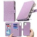 ＨａｖａｙａGlossy iPhone 11 case, detachable leather wallet with card holder, drawstring bracelet, 6 (card slots) with zipper - purple