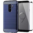 Asuwish Phone Case for Samsung Galaxy S9 Plus with Tempered Glass Screen Protector Cover and Slim Thin Soft Cell Accessories Protective Glaxay S9+ 9S 9+ S 9 9plus S9plus Women Men Carbon Fiber Blue