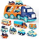 9 Pack Cars Toys for 2 3 4 5 Years Old Toddlers Boys & Girls Gift, Big Transport Truck with 8 Small Cute Pull Back Trucks, Carrier Truck with Sound & Light 13.5 * 5.5 inch, 2.5 *1.6 inch