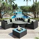 YZABEL Patio Furniture Sets, Modular Rattan Outdoor Patio Sectional Furniture Sofa Set, Wicker Patio Conversation Set For Backyard, Deck, Poolside W/Glass Coffee Table, 7PC Grey