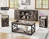 AMERLIFE 4-Piece Farmhouse Table Set Includes Sliding Barn Door TV Stand, Coffee Table& Two End Tables, Side Table with Charging Station and USB Ports, for Living Room, Bedroom, Dark Oak, 66"