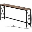 Rolanstar Console Table with Power Outlet, Narrow Sofa Table, 70.8" x 11.8" Farmhouse Table Behind Sofa Couch Hallway Entrance for Living Room, Entryway, Foyer, with Metal Frame, Rustic Brown