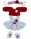 Baby Girl Dress Set for New Born 0-6 Months - Woolen Frock with Shrug Headband and Shoes Combo, White Red, Handmade with Crochet