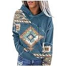 open box deals clearance in warehouse returns Women's Western Aztec Ethnic Style Hooded Sweatshirts Casual Folk Pullover Long Sleeve Pocket Hoodies Blue L