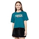 VISO Women's Oversized Tropical Mood Printed Crop T-Shirt (Teal_Large)