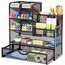 Marbrasse Mesh Pen Holder for Desk, Desk Organizer with Drawer, Multi-Functional Pencil Organizer, Desk Organizers and Accessories for Office Art Supplies (Black)