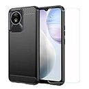 FZYM Case for Vivo Y02 + Screen Protector Tempered Glass Protective Film,Black Carbon Fiber Shell Soft Silicone TPU Case Cover for Vivo Y02 (6.51")
