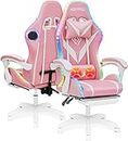 HOFFREE Gaming Chair Massage with Bluetooth Speakers and Led Lights Ergonomic Computer Gaming Chair with Footrest RGB Video Game Chair with High Back Lumbar Support Pink and White