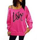 Smile Fish Women's Sexy Hot Pink 80s Outfit Sweatshirt Off Shoulder Love Printed Long Tunics Top,L