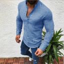Mens V Neck Long Sleeve Shirt Casual Slim Fit Muscle T-Shirt Blouse Button Tops