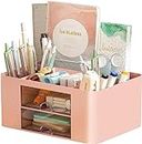 AUMA Desk Organizer with Drawer, Multi-Functional Pencil Holder for Desk, Desk Organisers and Accessories with 5 Compartments + 2 Drawer for Office Art Supplies(pink)