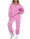 AUTOMET Womens 2 Piece Outfits Long Sleeve Sweatsuits Sets Half Zip Sweatshirts with Joggers Sweatpants, Pink, Medium
