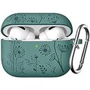 Easuny Flower Engraved Case Compatible with AirPods Pro 2 Case Cover 2022, Soft Silicone Case for Apple AirPods Pro 2nd/1st Generation, Shockproof Case with Carabiner [Front LED Visible], Pinegreen