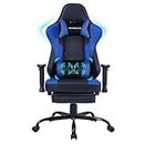 Gaming Chair with Massager Lumbar Support and Retractible Footrest, High Back Ergonomic Racing Style Computer Leather Executive Office Swivel Chairs Adjustable Armrests and Backrest (Blue-1)