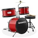 Gammon 3-Piece Junior Drum Set with Throne - Red, Complete Beginner Kit with Bass Drum, Toms, Cymbal, Pedal, and Drumsticks
