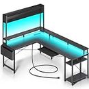 Rolanstar L Shaped Gaming Desk, 79.5“ Computer Desk with Monitor Stand & Hutch, Home Office Desk with LED Lights & Power Outlets, Corner Desk with Keyboard Tray, Carbon Fiber Black