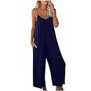 Discounts and Promotions Today Women's Loose Sleeveless Jumpsuits Sleeveless Spaghetti Strap Stretchy Cute Long Pant Romper Jumpsuit with Pockets, Blue