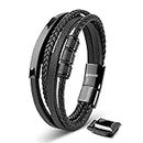 SERASAR | Premium Bracelet [Brave] for Men in Genuine Black Leather | Black, Silver and Gold Magnetic Stainless Steel Buckle | Jewelry Box Included | Great Gift Idea, Leather Metal magnet