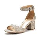DREAM PAIRS Womens Chunkle Low Heel Pump Ankle Strap Dress Sandal Gold Glitter - 7.5