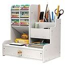 White Pen Organizer with Drawer, DIY Pencil Holder Desk Tidy Caddy Office Stationery Desktop Organiser for Home, Office and School (PB17 White)