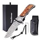 Sezlinver Two-Handed Folding Knife with Thumb Lock System,Permitted to carry,Pocket Knife with Wooden Handle,Outdoor Knife for Camping, Hunting camping tools with storage holster, and Whetstone
