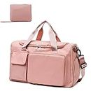 HYCOPROT Sports Gym Bag for Men Women, Waterproof Sport Duffle Bag with Shoes Compartment and Wet Pocket, Foldable Travel Overnight Bag Weekend Holdall Bag for Sport Gym Travel Training（Pink）