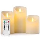 Aku Tonpa Flameless Candles Battery Operated Pillar Real Wax Flickering Moving Wick Electric LED Candle Set with Remote Control Cycling 24 Hours Timer, Pack of 3 (D:3" X H:4" 5" 6")