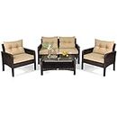 HAPPYGRILL 4-Piece Patio Furniture Set Outdoor Rattan Wicker Sofa Set with Cushions & Coffee Table, Conversation Sofa Set with Tempered Glass Table Top and Storage Shelf