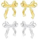 Rajputana Gold Silber Schleifen Ohrringe Set für Damen, Bow Ribbon Stud Earrings Women Jewelry, Golden Silver Schleife Ohrstecker Schmuck Frauen