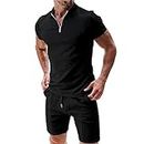 Men's Polo Shirt Shorts 2-Piece Set Summer Tracksuit Clothing Fashion Casual Sweatsuits Zipper Mens Solid Color Short Sleeve I-Black M