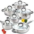 Cook N Home Cookware Basic Pots and Pans, 12 Piece set, Stainless Steel Grey Silicone Handle