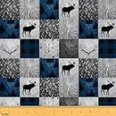 Deer Fabric by The Yard,Buffalo Plaid Check Upholstery Fabric Cabin Lodge Decorative Fabric for Quilting Sewing, Wild Animal Elk Antler Christmas Deer Patchwork Fabric Blue Grey 2 Yards