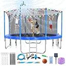 Lyromix Upgraded 12FT Trampoline for Kids and Adults, Large Outdoor Trampoline with Stakes, Light, Sprinkler, Backyard Trampoline with Basketball Hoop and Net, Capacity for 4-6 Kids and Adults