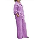 ZOCANIA Pant Suits for Women Dressy 2 Piece Cotton Button V Neck Shirts Solid Wide Leg Pant Pants Outing Tracksuits Plus Size 2024,Purple,3XL
