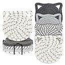 Whaline Cat Ears Coaster Set Cat Ear Shape Handmade Braided Cotton Coasters White Grey Non-Slip Absorbent Drink Coasters with Holder for Birthday Housewarming Gifts Home Decor, 4Pcs