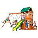 Backyard Discovery Oakmont Cedar Wood Swing Set, Covered Upper Deck with White Trim Window and Colorful Awning, Lower Fort Area with Real Door and Bench, Swing Belts, Trapeze Bar, Flat Stair Ladder