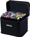 80 Colors Alcohol Based Markers Pen, Dual Tip Permanent Sketch Markers - Ideal for Artists Adults Kids Drawing Coloring Crafts Gifts - Carry Case for Storage and Travel, Black