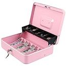 xydled Cash Box with Money Tray and Key Lock,Tiered, Cantilever Design,4 Bill / 5 Coin Slots,11.8" x 9.5" x 3.5",Pink