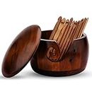 Cuenco de hilo de madera con tapa, soporte de cuenco de hilo hecho a mano con 12 ganchos de ganchillo de bambú para ganchillo, manualidades, regalo para mujeres (madera de pino)