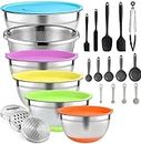 28pcs Mixing Bowls with Lids Set, Stainless Steel Metal Nesting Bowls 6, 3, 2.5, 2, 1.5QT with Measuring Spoons and Cups Cooking Utensils for Baking Supplies Kitchen Essentials Tools