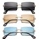 Rectangle Sunglasses for Men/Women Small Rimless Square Shade Eyewear, 3pack(black+blue+tea)