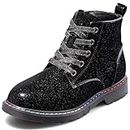 PUBOOM Girls Ankle Boots Side Zipper Lace Up Winter Snow Waterproof Combat Boots Warmth Shoes for Toddler Little kids Black US11